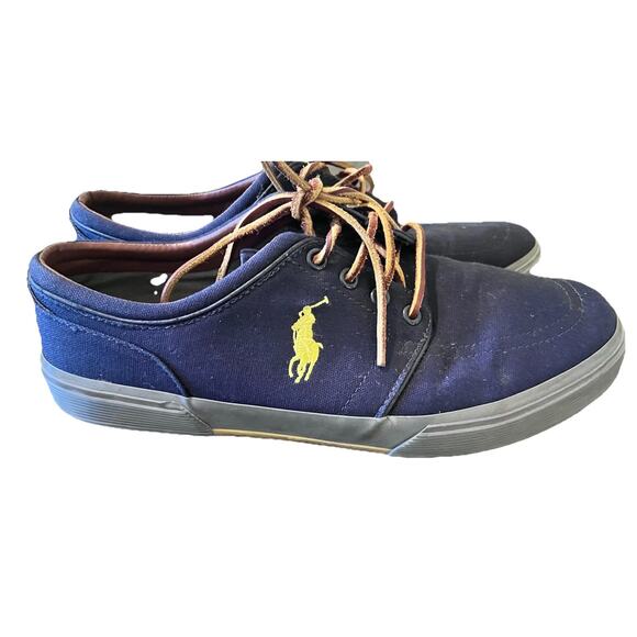 Polo Ralph Lauren Faxon Low Canvas Sneakers Navy Blue Yellow Pony Sz 11 11D - Picture 1 of 13